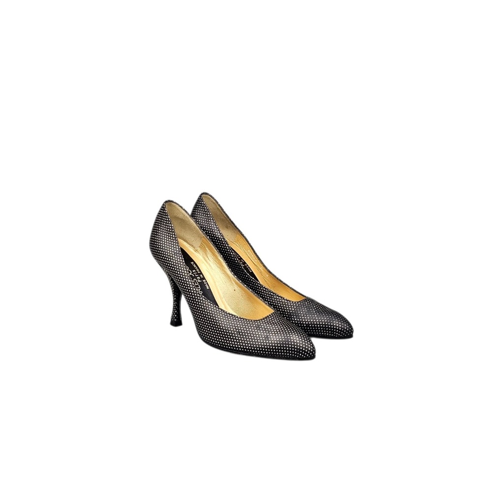 Charles Jourdain Women's Size 6 B VTG Black Gold Leather Pointed Toe Heels Pumps